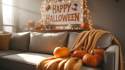 House decorated for Halloween, A cozy living room decorated for Halloween, with a gray sofa, a yellow blanket, pumpkins, and Halloween text written on back wall, created with geneative ai