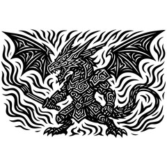 Fierce Tribal Dragon Warrior with Wings Black and White Tattoo Design