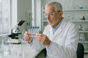 Experienced scientist in a bright laboratory analyzing samples with careful precision