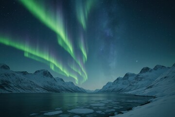 Fototapeta premium Ethereal aurora dances above frozen fjords beneath a crystalline winter night sky