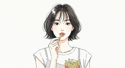フライドポテトを食べる女性のアニメ風イラスト 