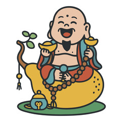 Cartoon Smiling Buddha Illustration with Teapot and Ingot on Pear Shaped Seat