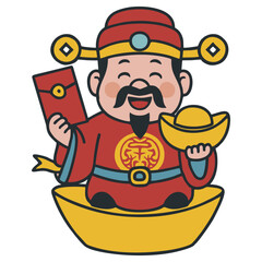 Cute Cartoon chinese Style God of Wealth Holding Gold Ingot Illustration