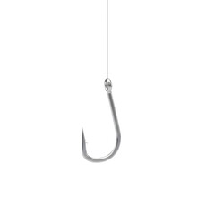 Gleaming metal fishing hook suspended delicately against a stark featureless plane for potential