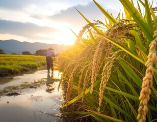 Golden rice paddy with a farmer at sunset