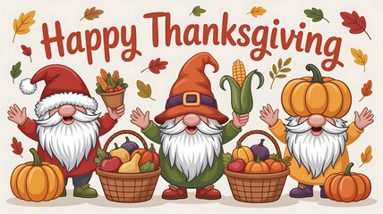 whimsical illustration of three delightfully vibrant gnomes. thanksgiving day  created with generative ai