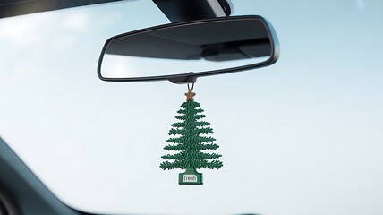 car air freshener in the shape of a pine tree, hanging from a rearview mirror, created with generative ai
