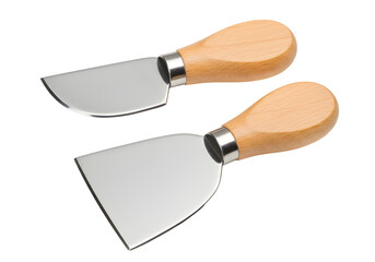 Two cheese knives with wooden handles isolated on transparent background