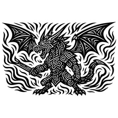 Fierce Tribal Dragon Warrior with Wings Black and White Tattoo Design