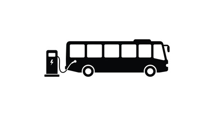 Silhouette of a long passenger bus at a fuel station icon representing transportation and refueling services clean energy concept