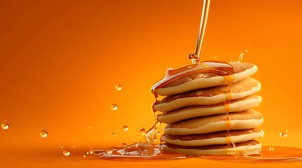 Stacked golden pancakes being drizzled with amber syrup with droplet splash and a bright yellow-orange background - Powered by Adobe