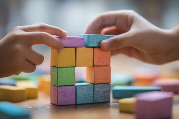 Two hands are carefully stacking colorful wooden blocks to create a tower on a wooden .