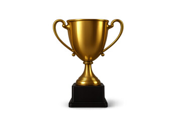 Fototapeta premium Shiny gold trophy cup with twin handles on black base isolated on transparent background