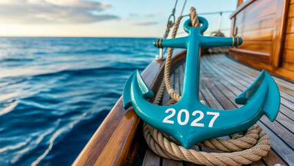 Blue anchor with 2027 text on wooden yacht deck, nautical travel concept with ocean horizon and soft sunlight, symbolizing stability, adventure, and new year journey across calm sea waves
