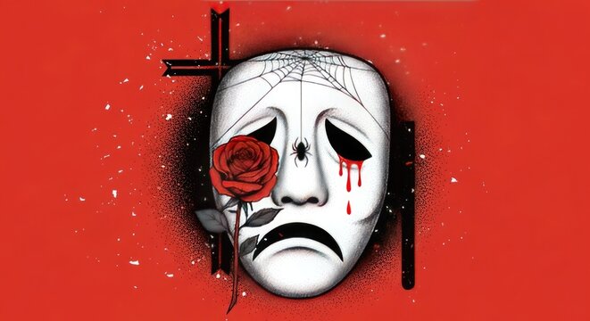Sad mask rose spiderweb cross red background darkness shadow artistic expression gothic art horror