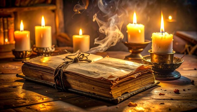 Close up of a mystical book with candles