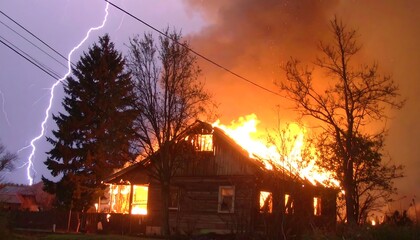 Night Scene House Engulfed in Flames with Lightning Strike