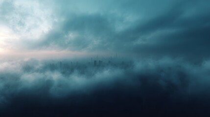 Obraz premium A dense fog bank obscures a city skyline creating an atmospheric and mysterious urban landscape