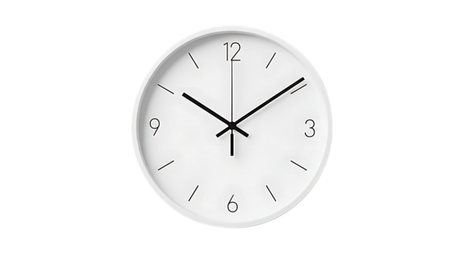 Minimalist white oval wall clock with black hands against a black background