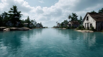 Obraz premium Old weathered coastal houses partially submerged by calm turquoise water under a cloudy sky