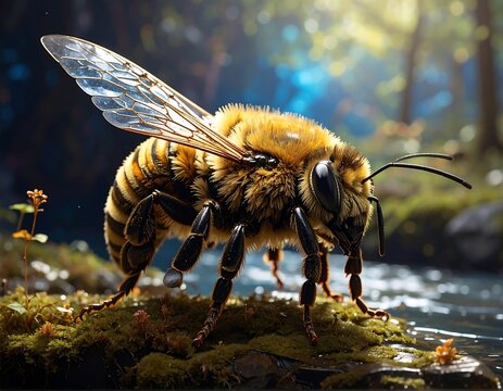 Close-up of a bee perched on moss near a stream