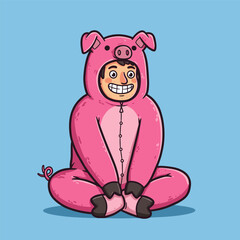 Smiling person in pink pig costume sitting cross-legged, hands clasped, playful expression on light blue background.
