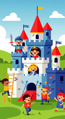 Fototapeta premium Cartoon Children Playing Around a Majestic Blue Castle.
