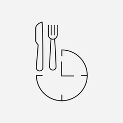 Lunch Time Icon, Healthy Diet Meal Break with Clock, Fork and Knife, Thin Line Vector Illustration, Editable Stroke..eps