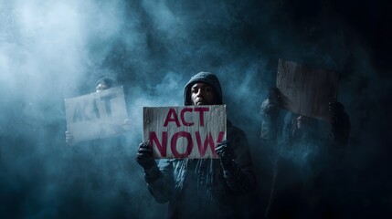 Naklejka premium Protestors holding Act Now signs in a dramatic smoky atmospheric setting