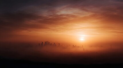 Obraz premium An urban city skyline is shrouded in dense fog or smog with the sun casting a vibrant hazy glow during either sunrise or sunset