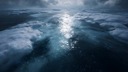 Obraz premium A portrayal of a harsh cold ocean with dramatic ice formations under a stormy sky