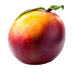 A single ripe mango with vibrant red and yellow skin glistening with water droplets isolated on transparent background