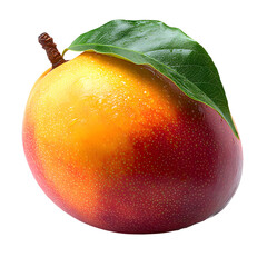 A ripe vibrant mango with a single green leaf attached showcasing its gradient of yellow orange and red hues isolated on transparent background