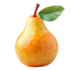 A single ripe pear with a green leaf and stem showcasing its textured skin and vibrant colors isolated on transparent background