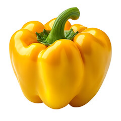 A vibrant fresh ripe organic yellow bell pepper with a glossy skin and green stem isolated on transparent background