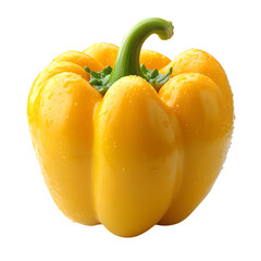 A vibrant ripe yellow bell pepper with a green stem and slight imperfections isolated on transparent background