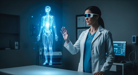 A doctor carefully examines a virtual x-ray projection with focused attention. The integration of advanced technology in medical diagnostics. Generative AI.