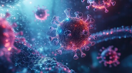Microscopic view of a virus, showcasing its intricate structure and glowing particles in a vibrant, abstract background.
