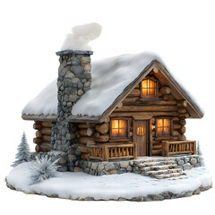 Charming illuminated rustic log cabin with snow covered roof and chimney nestled in a winter wonderland scene isolated on transparent background
