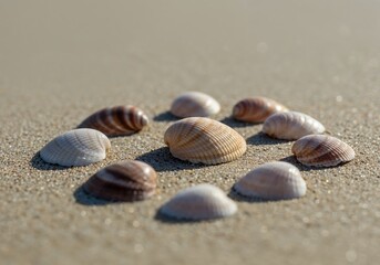 Seashells Circle on Beach: A tranquil circle of various seashells are arranged gracefully on a sandy beach, with natural light reflecting, creating a harmonious scene.