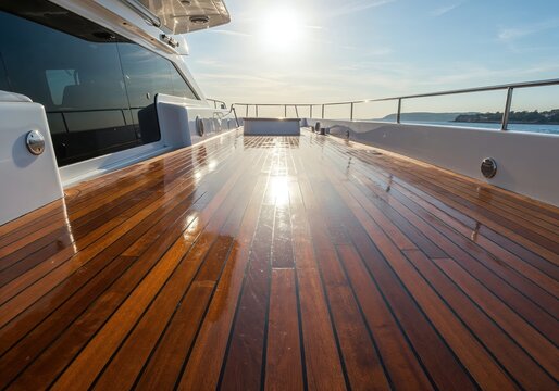 Sun-Kissed Deck: A luxurious yacht deck, glistening with sunlight, epitomizes the beauty of open waters and elegant travel. 