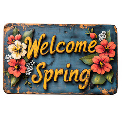 Rustic wooden sign with welcome spring text and vibrant floral decorations in red and white isolated on transparent background