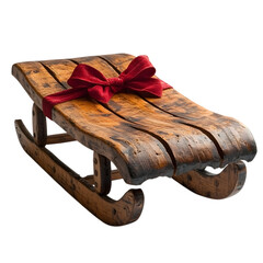 Rustic wooden sled with a vibrant red ribbon tied as a festive bow presented as a charming gift or holiday decoration isolated on transparent background