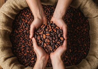 Hands Holding Cacao Beans: Hands tenderly cradle a generous heap of rich, brown cacao beans, a testament to the care and craftsmanship behind crafting this cherished ingredient.