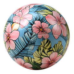 A vibrant spherical object adorned with a tropical floral pattern featuring pink hibiscus flowers and lush green palm leaves isolated on transparent background