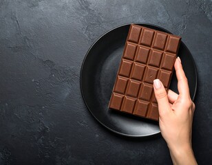 Hand holding a milk chocolate bar on a black plate