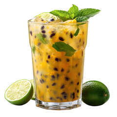 Refreshing passion fruit cocktail with lime and mint garnishes and ice cubes in a tall glass isolated on transparent background