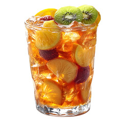 Refreshing iced tea beverage with fresh fruit slices and ice cubes in a clear glass isolated on transparent background
