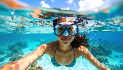 Fototapeta premium Underwater selfie of woman snorkeling in tropical ocean waters