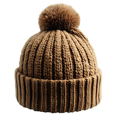 Cozy knitted brown winter beanie hat with a fluffy pompom on top showcasing intricate ribbed texture isolated on transparent background